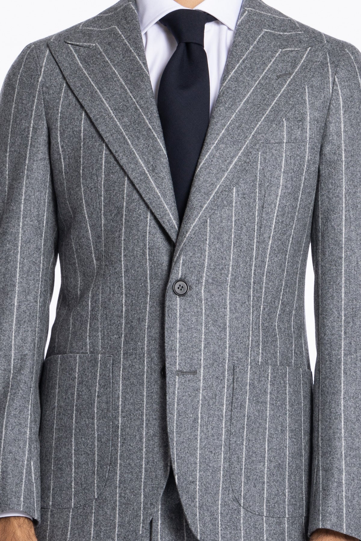 Giacca uomo monopetto grigia gessata in pura lana Rever a lancia e tasche a toppe Vitale Barberis Canonico