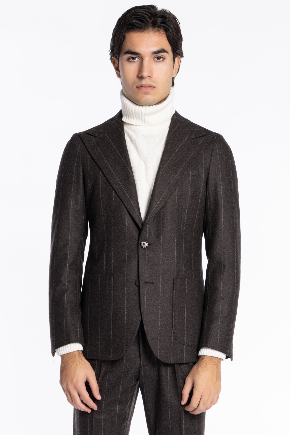 Giacca uomo monopetto marrone gessata in pura lana Rever a lancia e tasche a toppe Vitale Barberis Canonico