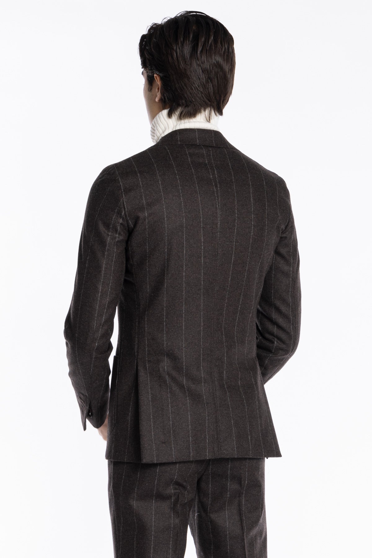 Giacca uomo monopetto marrone gessata in pura lana Rever a lancia e tasche a toppe Vitale Barberis Canonico
