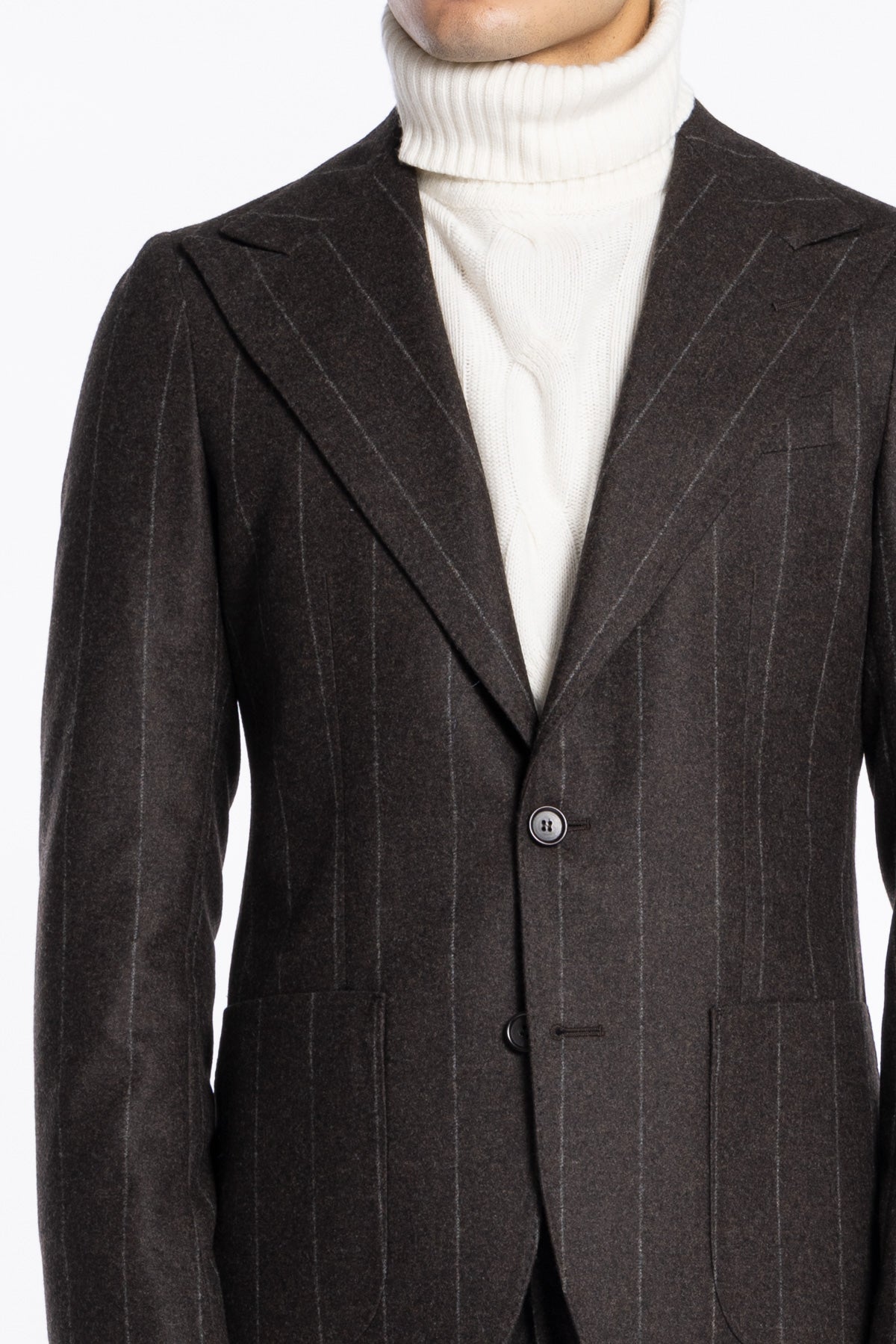Giacca uomo monopetto marrone gessata in pura lana Rever a lancia e tasche a toppe Vitale Barberis Canonico