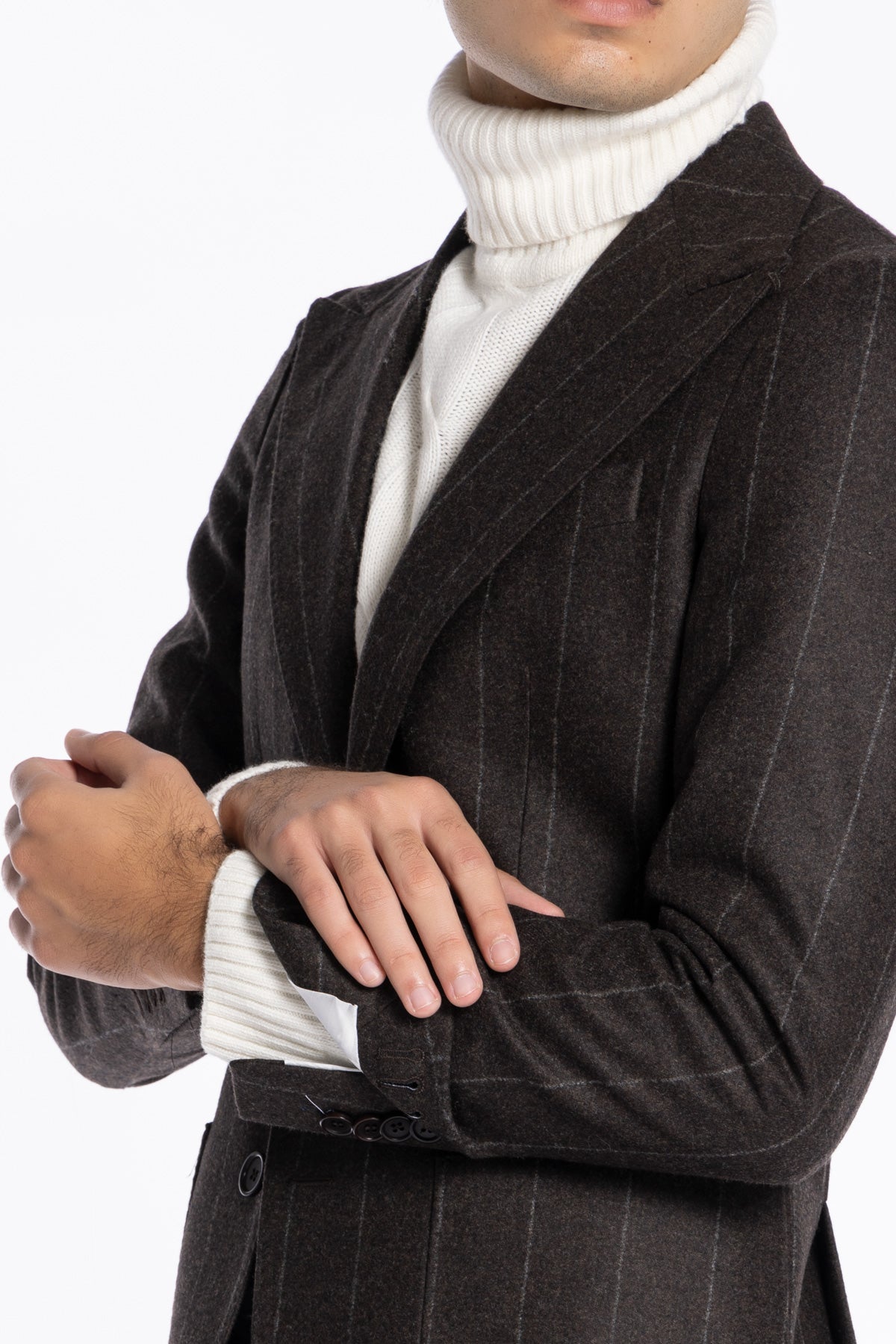 Giacca uomo monopetto marrone gessata in pura lana Rever a lancia e tasche a toppe Vitale Barberis Canonico