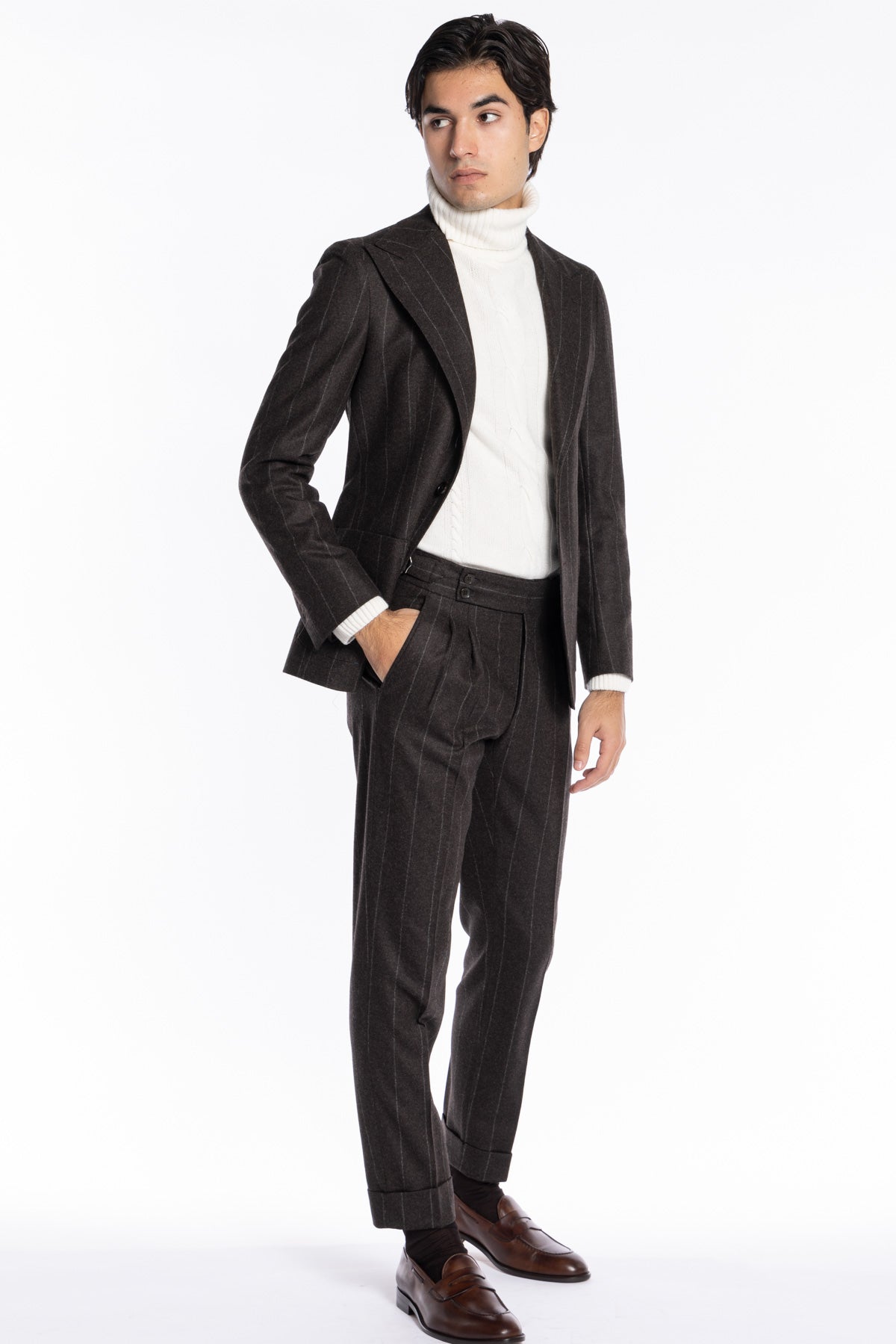 Giacca uomo monopetto marrone gessata in pura lana Rever a lancia e tasche a toppe Vitale Barberis Canonico