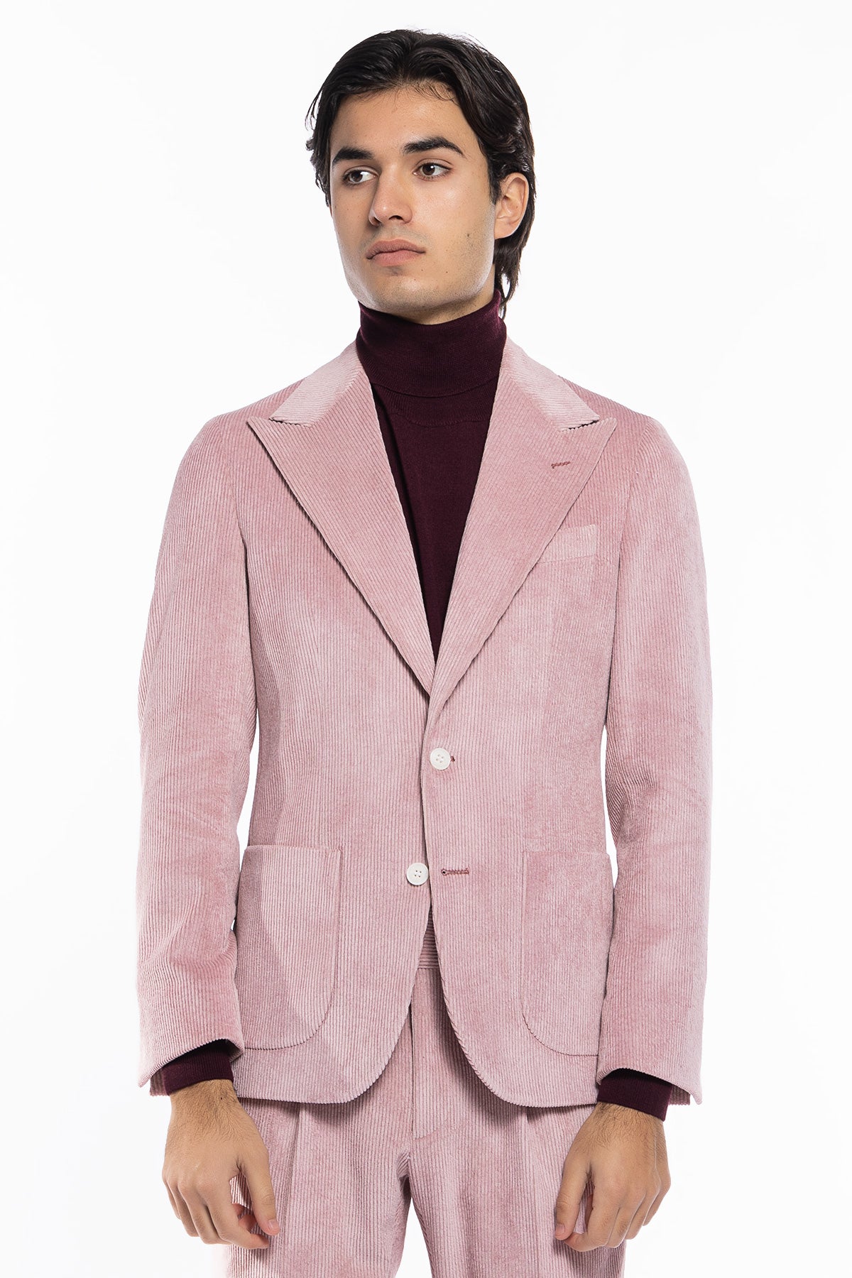 Giacca uomo monopetto Rosa in velluto a costine strette Rever a lancia tasche a toppe