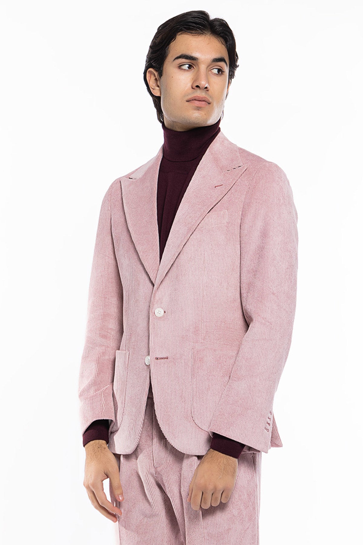 Giacca uomo monopetto Rosa in velluto a costine strette Rever a lancia tasche a toppe