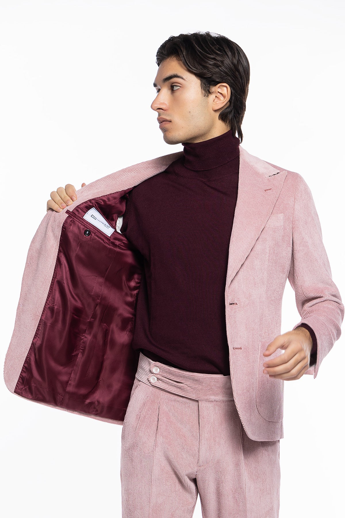 Giacca uomo monopetto Rosa in velluto a costine strette Rever a lancia tasche a toppe