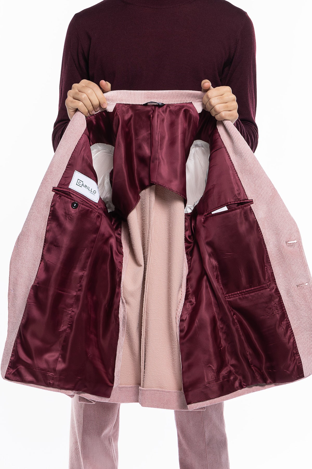 Giacca uomo monopetto Rosa in velluto a costine strette Rever a lancia tasche a toppe