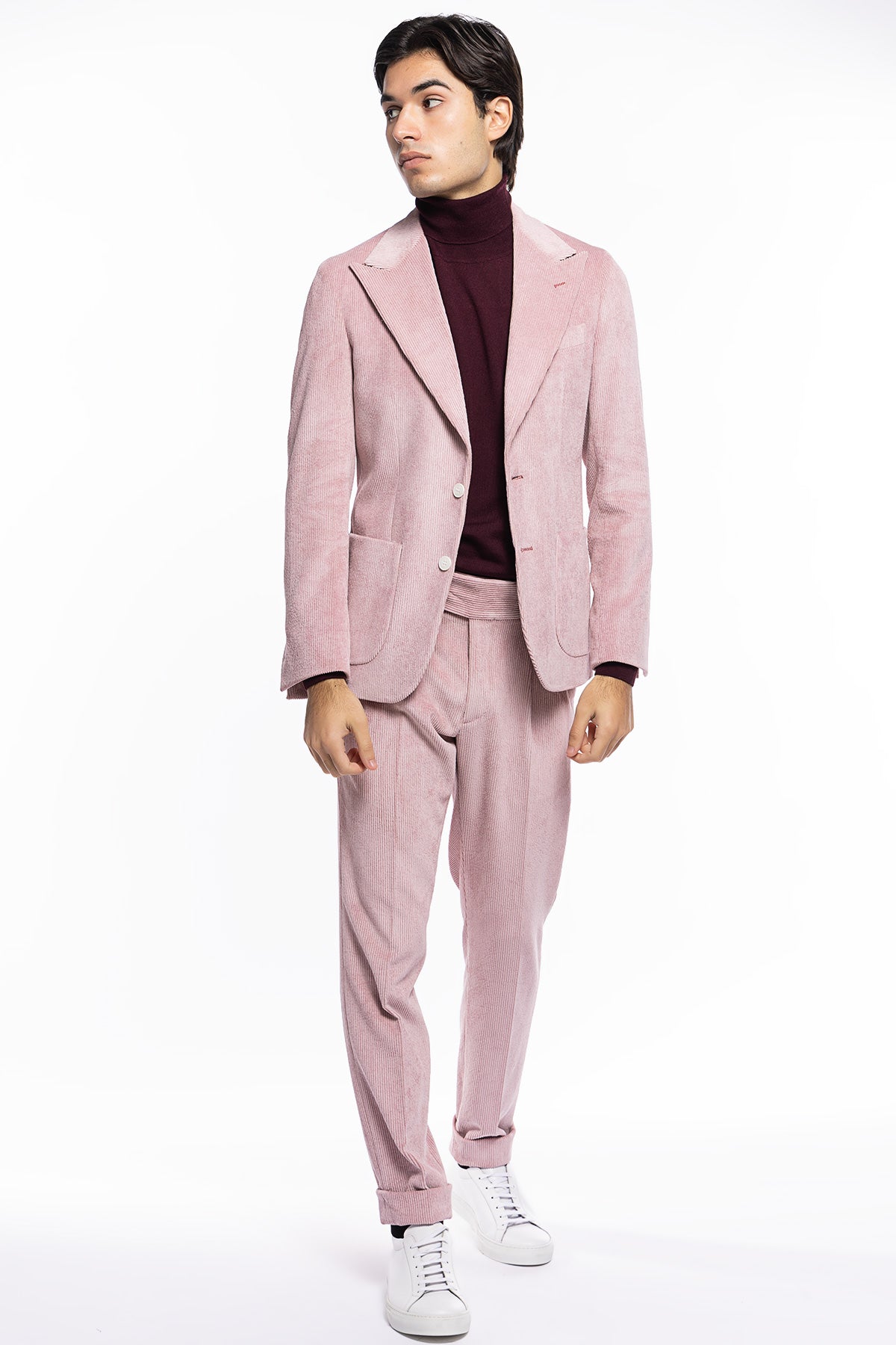 Giacca uomo monopetto Rosa in velluto a costine strette Rever a lancia tasche a toppe