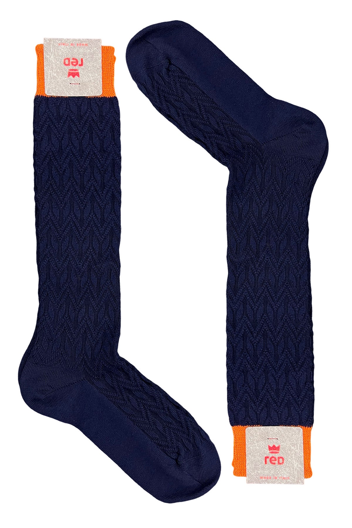 Calzini uomo lunghi navy blu in lana fantasia geometrica a rilievo con elastico arancio made in italy