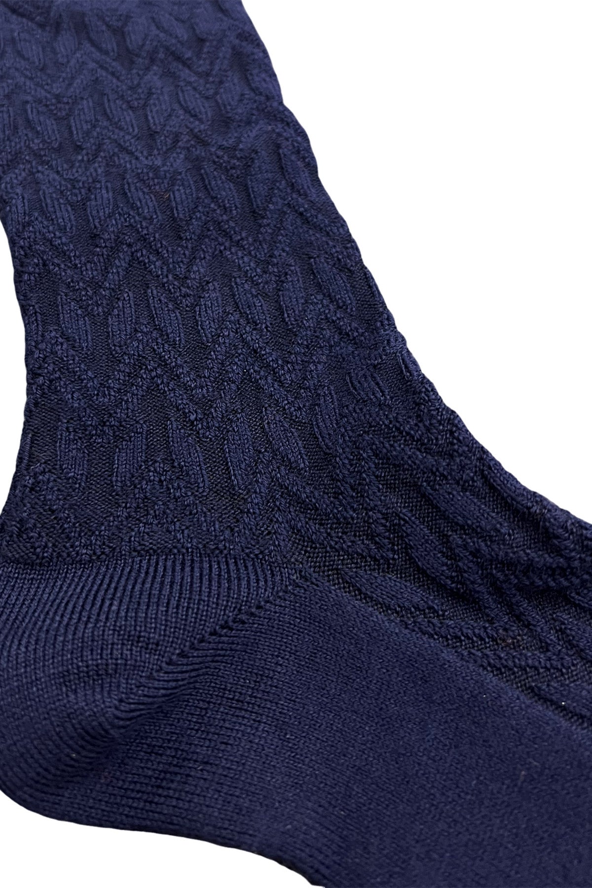 Calzini uomo lunghi navy blu in lana fantasia geometrica a rilievo con elastico arancio made in italy