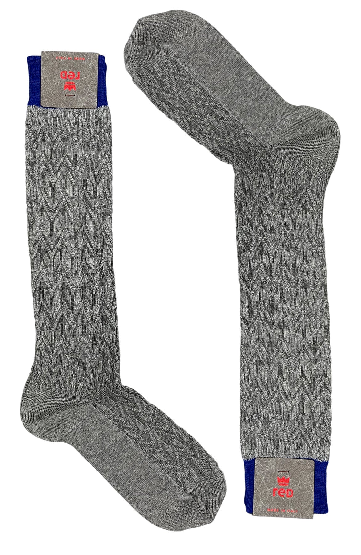Calzini uomo lunghi grigio chiaro in lana fantasia geometrica a rilievo con elastico royal blu made in italy
