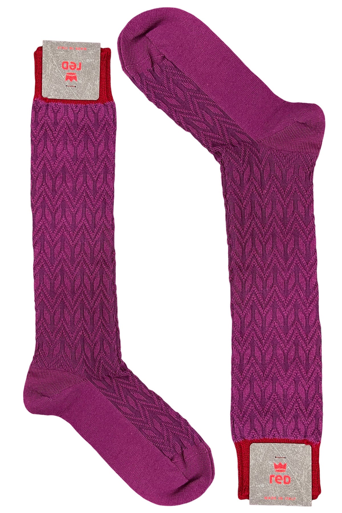 Calzini uomo lunghi  vinaccia in lana fantasia geometrica a rilievo con elastico rosso made in italy