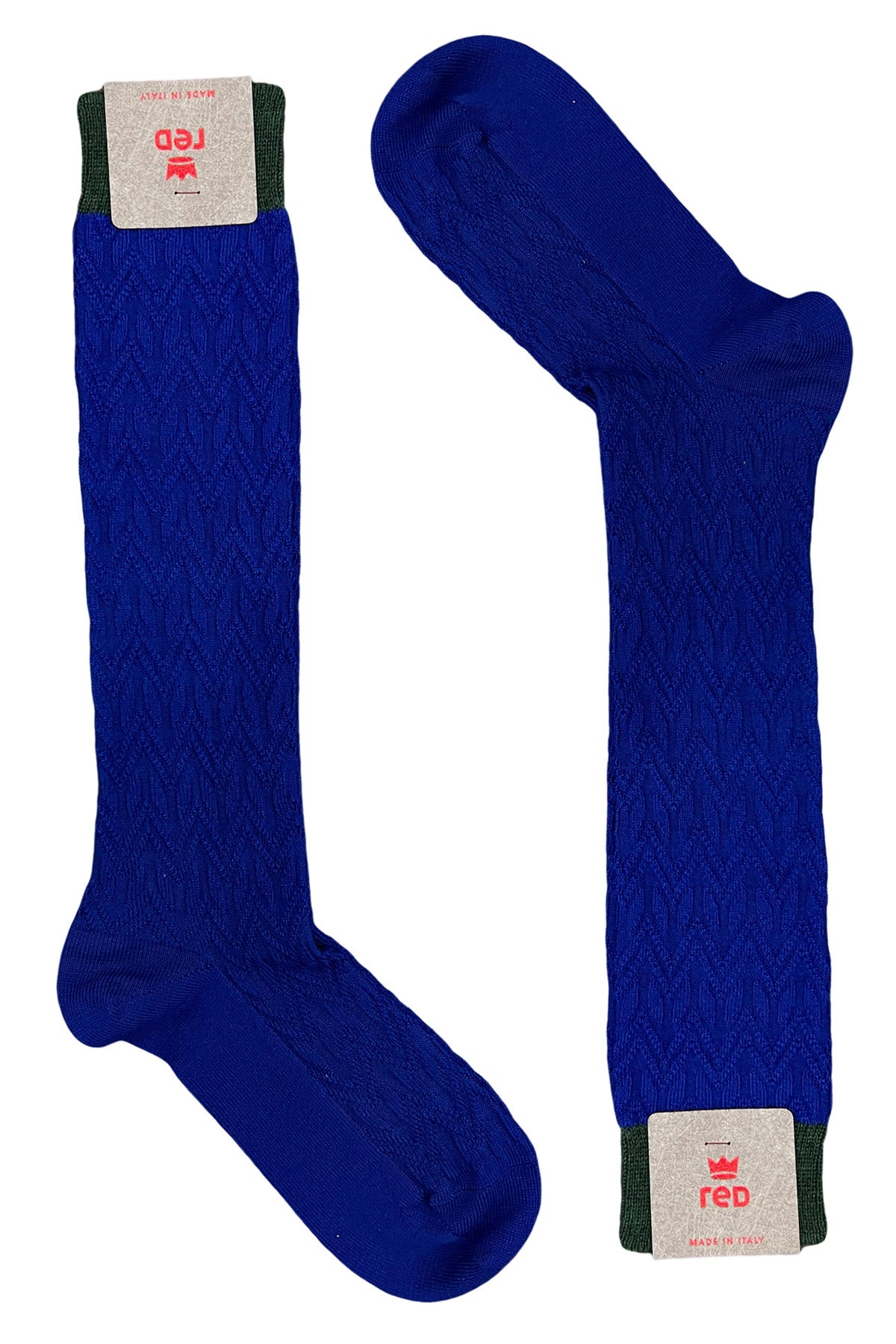 Calzini uomo lunghi royal blu in lana fantasia geometrica a rilievo con elastico verde made in italy