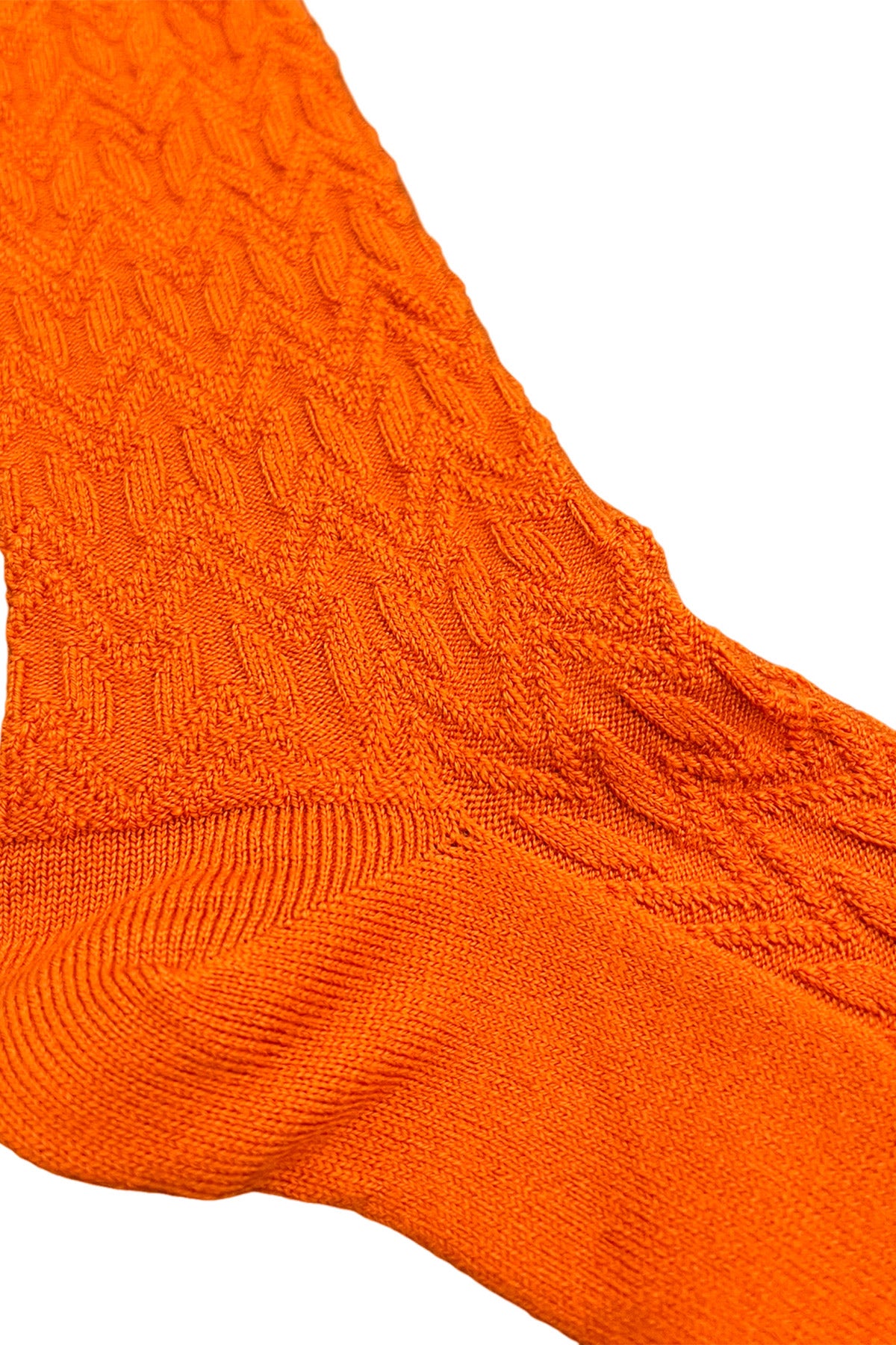Calzini uomo lunghi  arancio in lana fantasia geometrica a rilievo con elastico marrone made in italy