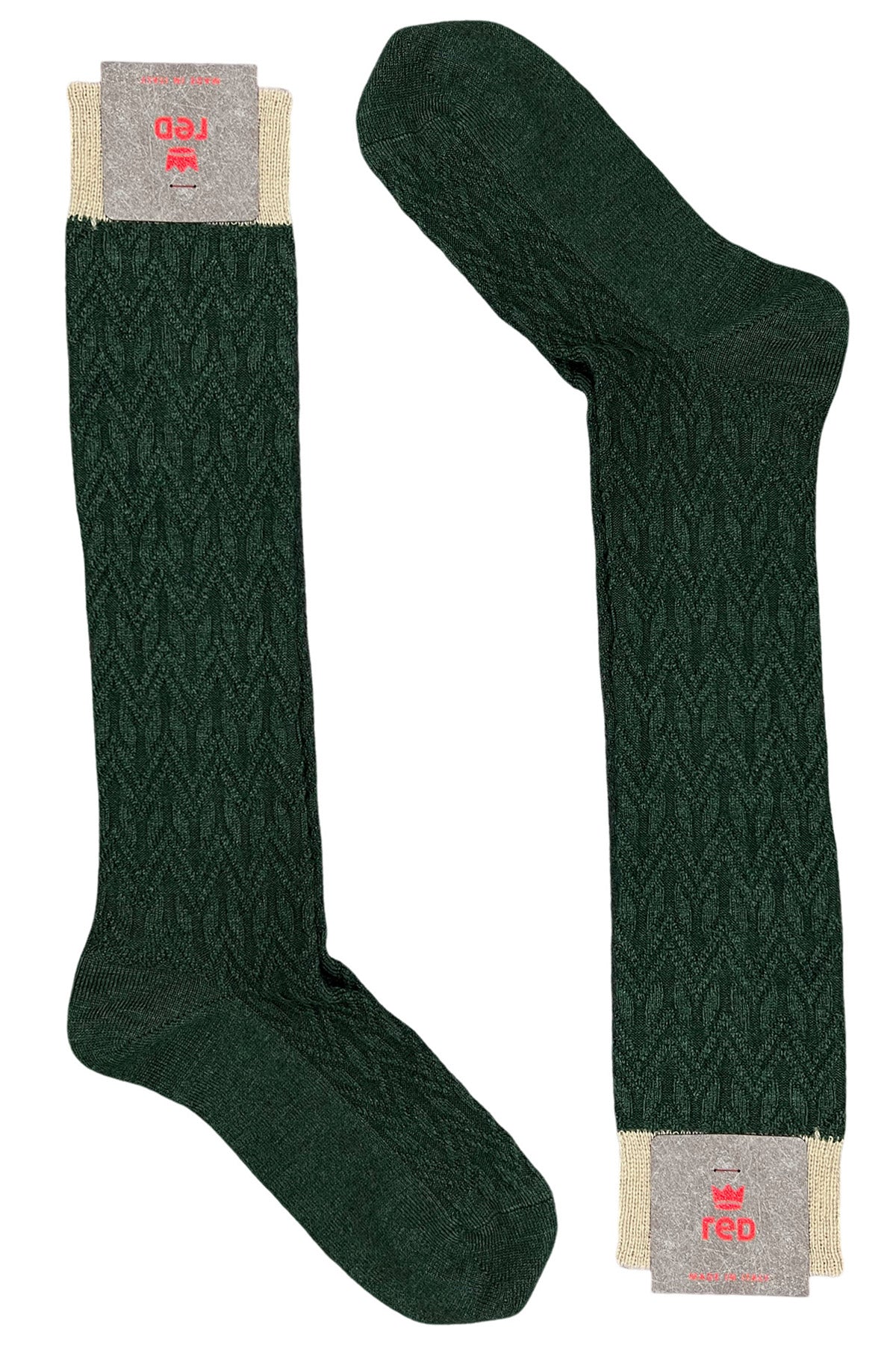 Calzini uomo lunghi verde in lana fantasia geometrica a rilievo con elastico beige made in italy