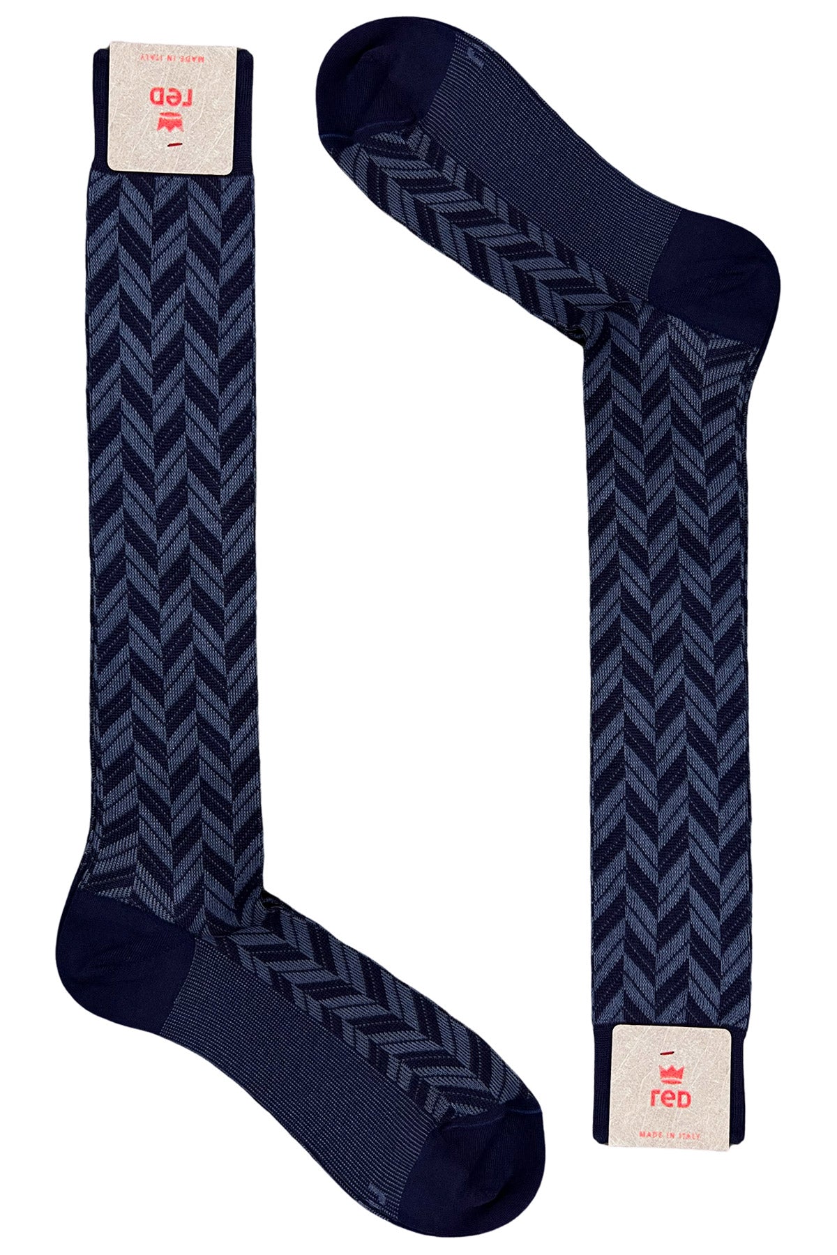 Calzini uomo lunghi navy blu in cotone  fantasia Jacquard chevron celeste made in italy