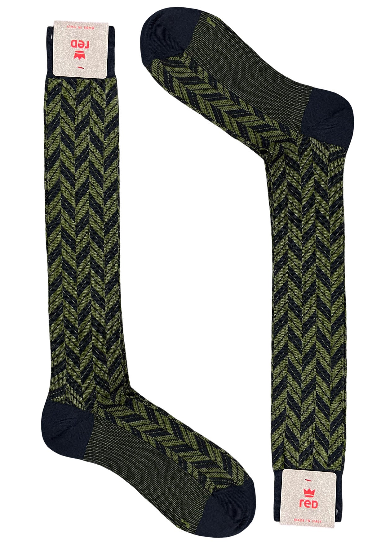 Calzini uomo lunghi verde in cotone fantasia Jacquard chevron blu made in italy