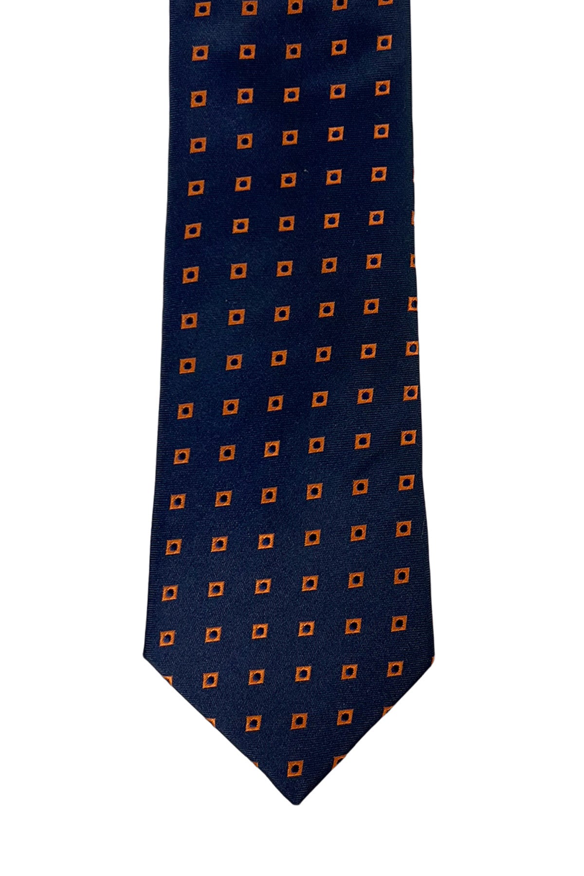 Cravatta uomo blu navy fantasia quadri arancio 8cm da cerimonia elegante effetto seta
