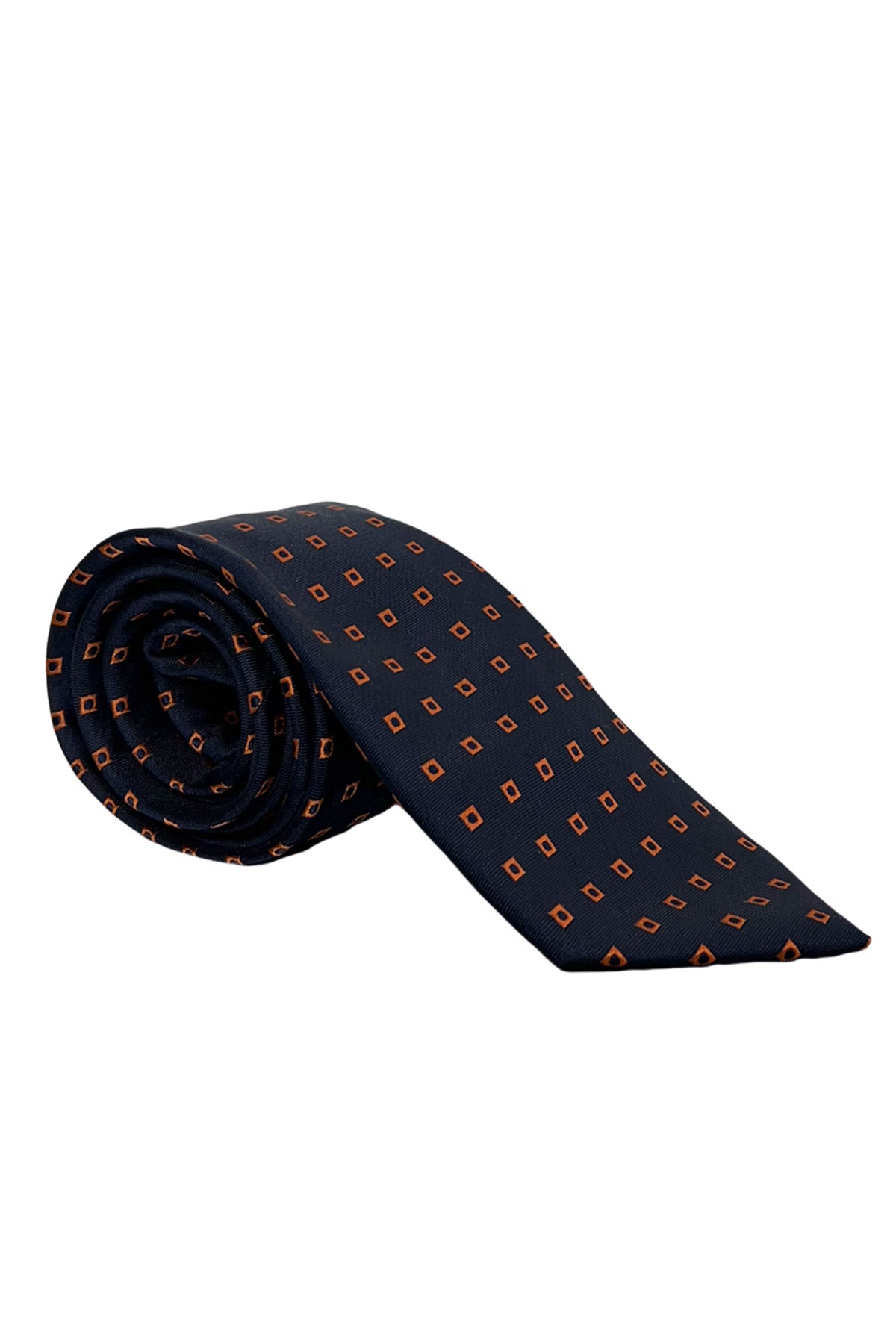Cravatta uomo blu navy fantasia quadri arancio 8cm da cerimonia elegante effetto seta