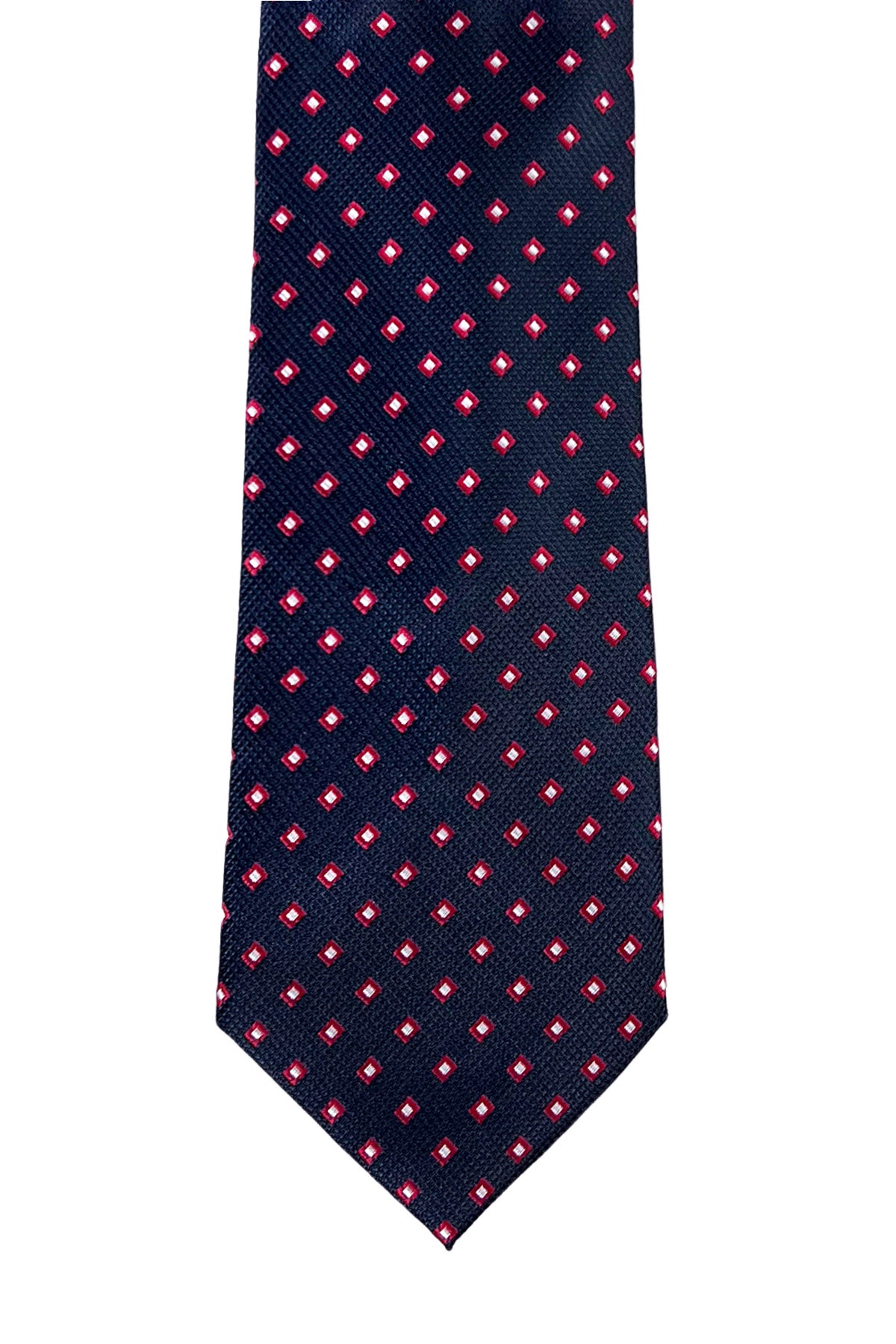 Cravatta uomo blu fantasia rombi rossi 8cm da cerimonia elegante effetto seta