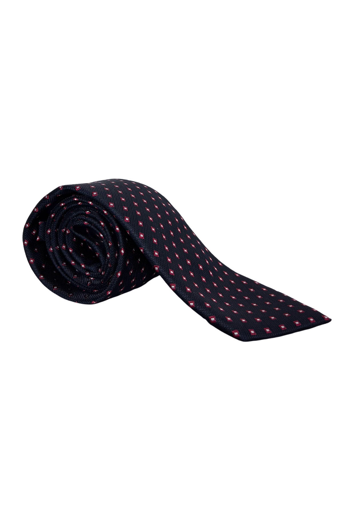 Cravatta uomo blu fantasia rombi rossi 8cm da cerimonia elegante effetto seta