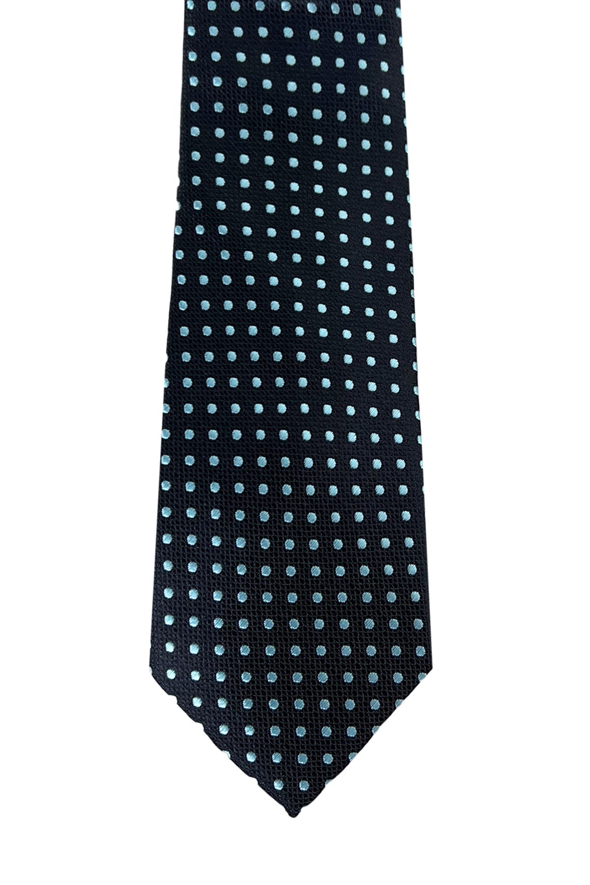 Cravatta uomo nera fantasia pois azzurri 8cm da cerimonia elegante effetto seta