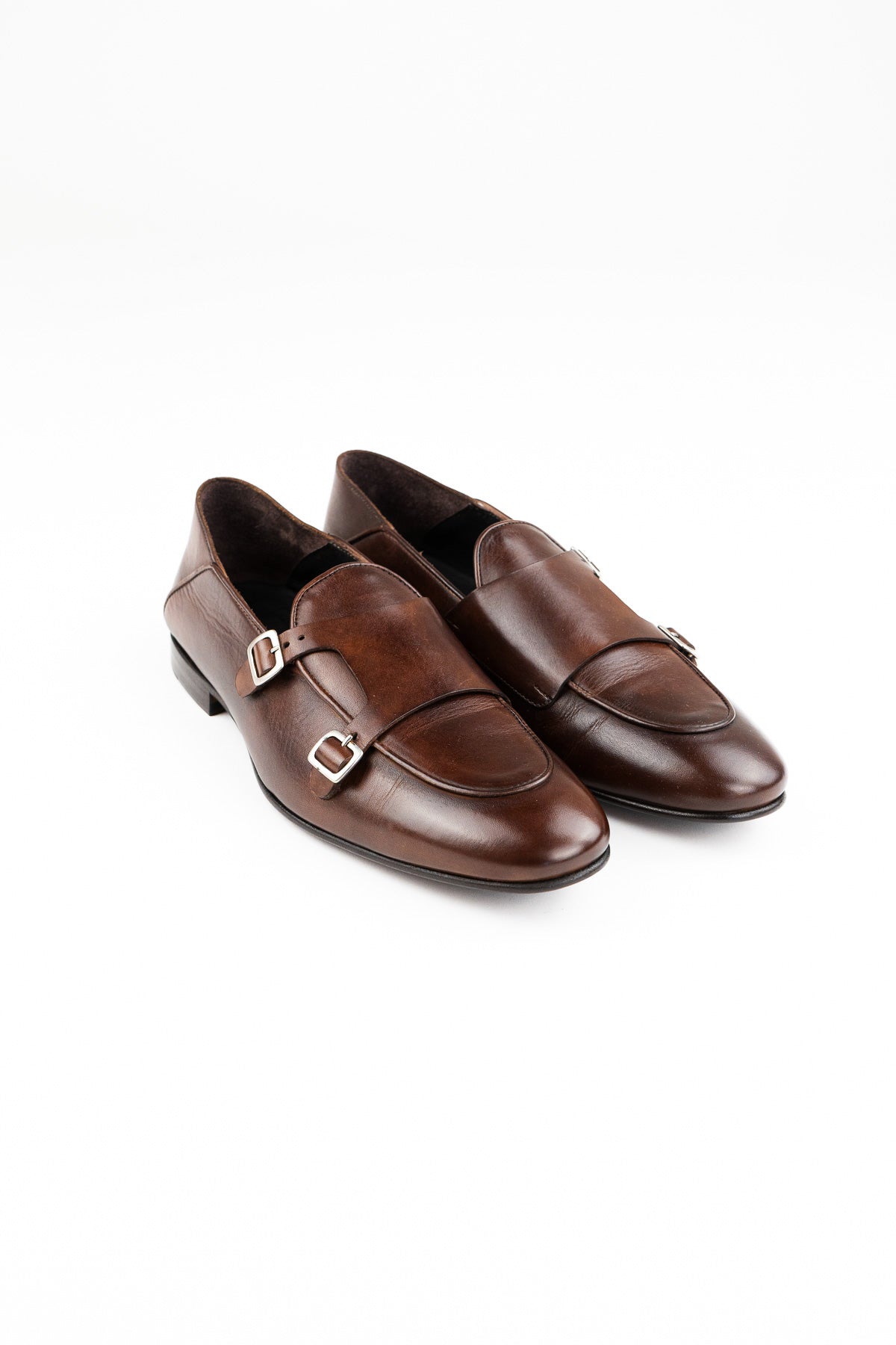 Mocassini uomo marroni in vera pelle con doppia fibbia e suola in cuoio made in italy