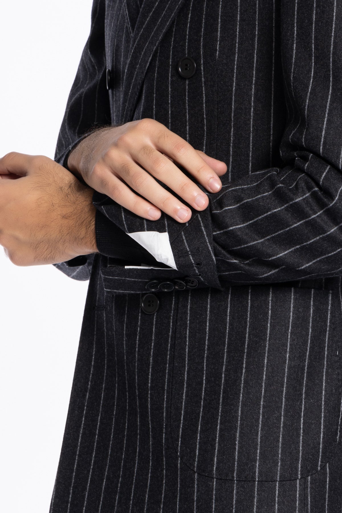 Giacca uomo Doppiopetto nera gessata in lana e Cashmere Rever a lancia Bristol Tessuti Napoli