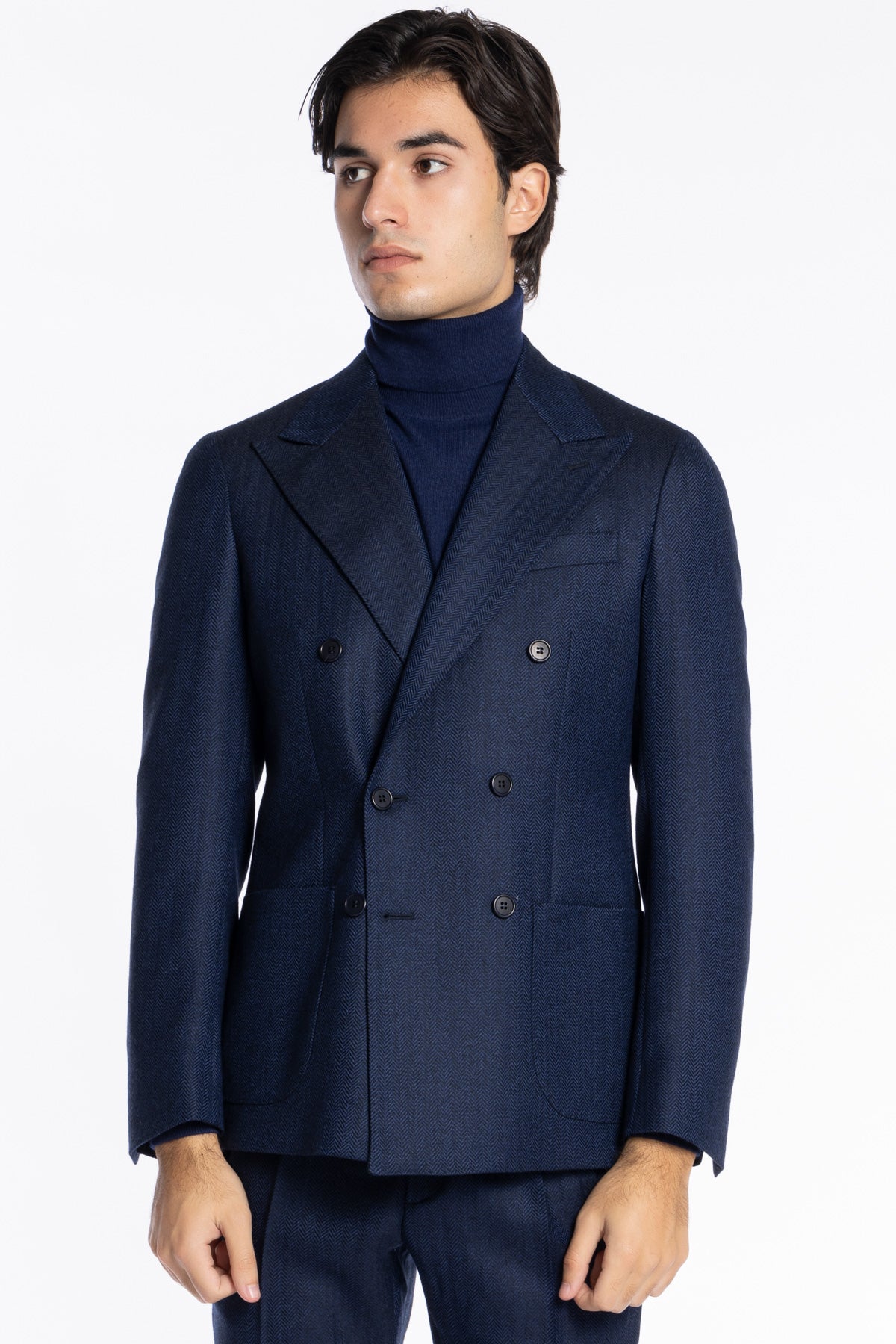Giacca uomo Doppiopetto Blu spigata in lana flanella 100% Rever a lancia Bristol Tessuti Napoli