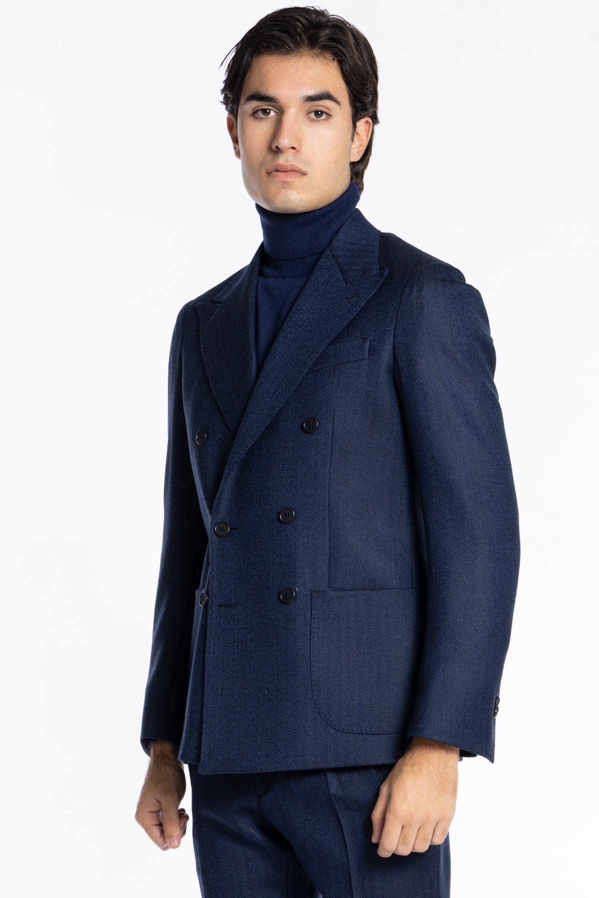 Giacca uomo Doppiopetto Blu spigata in lana flanella 100% Rever a lancia Bristol Tessuti Napoli