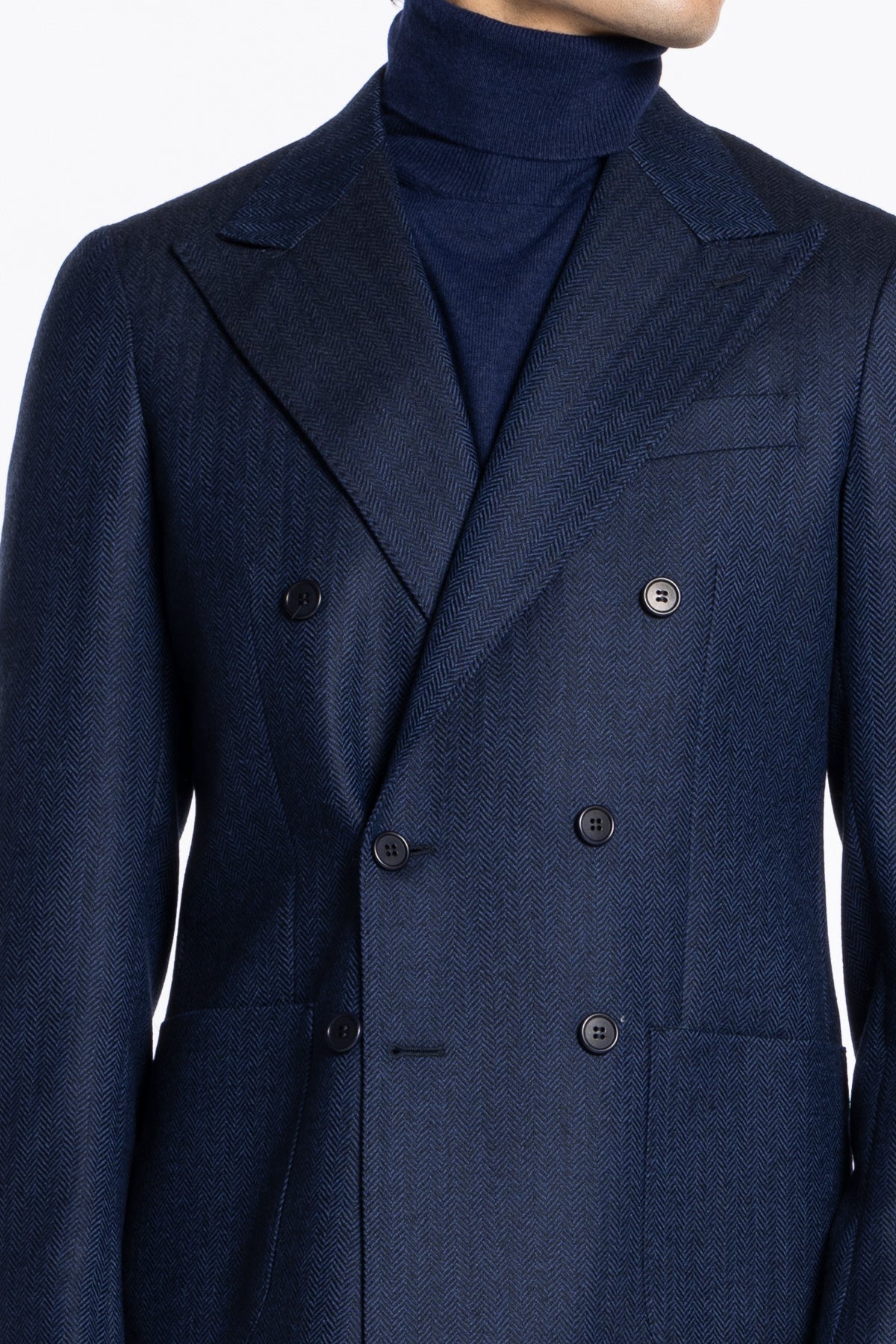 Giacca uomo Doppiopetto Blu spigata in lana flanella 100% Rever a lancia Bristol Tessuti Napoli