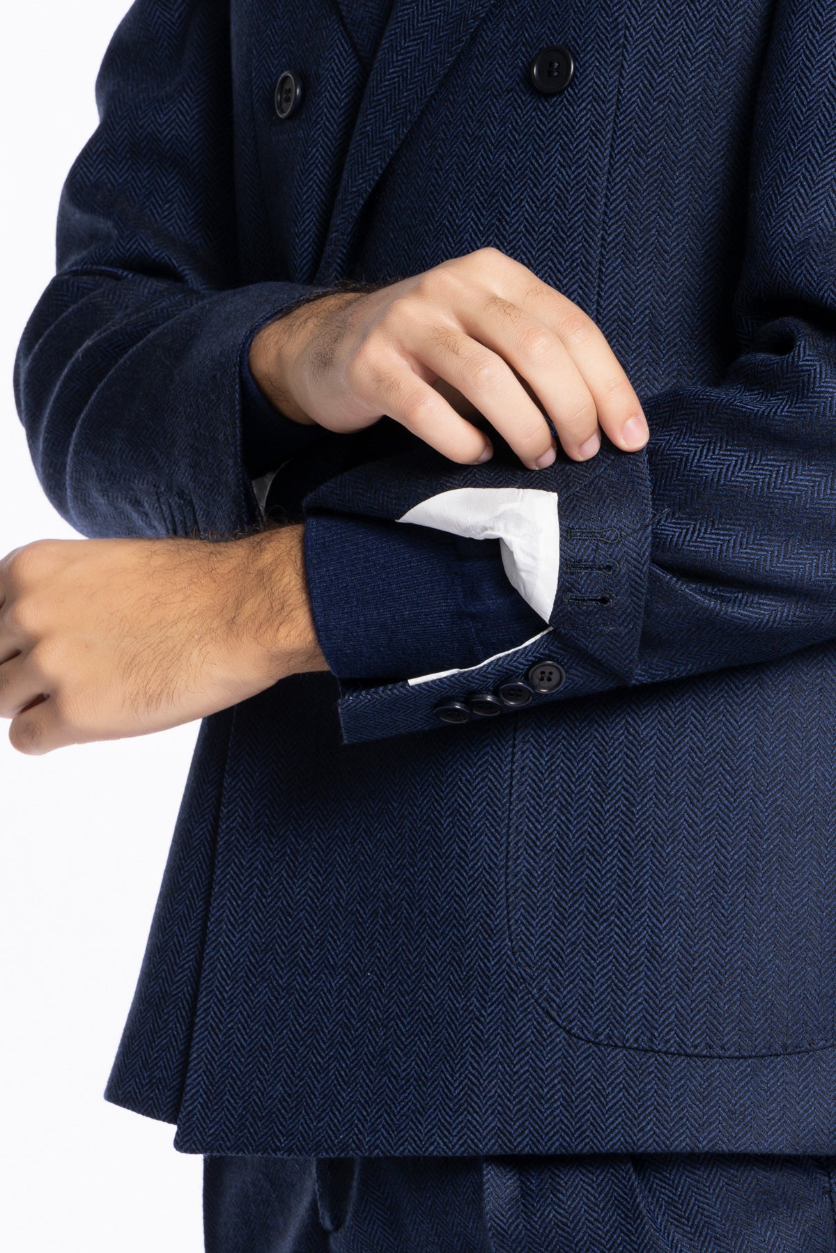 Giacca uomo Doppiopetto Blu spigata in lana flanella 100% Rever a lancia Bristol Tessuti Napoli