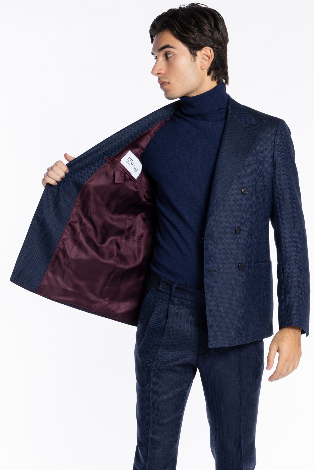 Giacca uomo Doppiopetto Blu spigata in lana flanella 100% Rever a lancia Bristol Tessuti Napoli