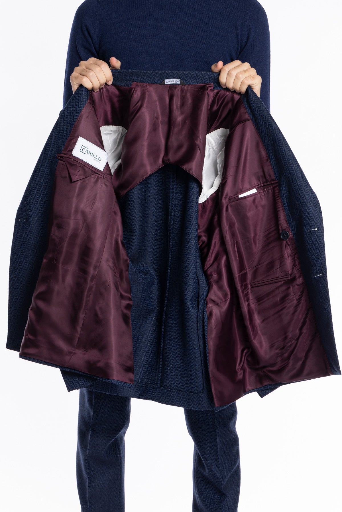 Giacca uomo Doppiopetto Blu spigata in lana flanella 100% Rever a lancia Bristol Tessuti Napoli
