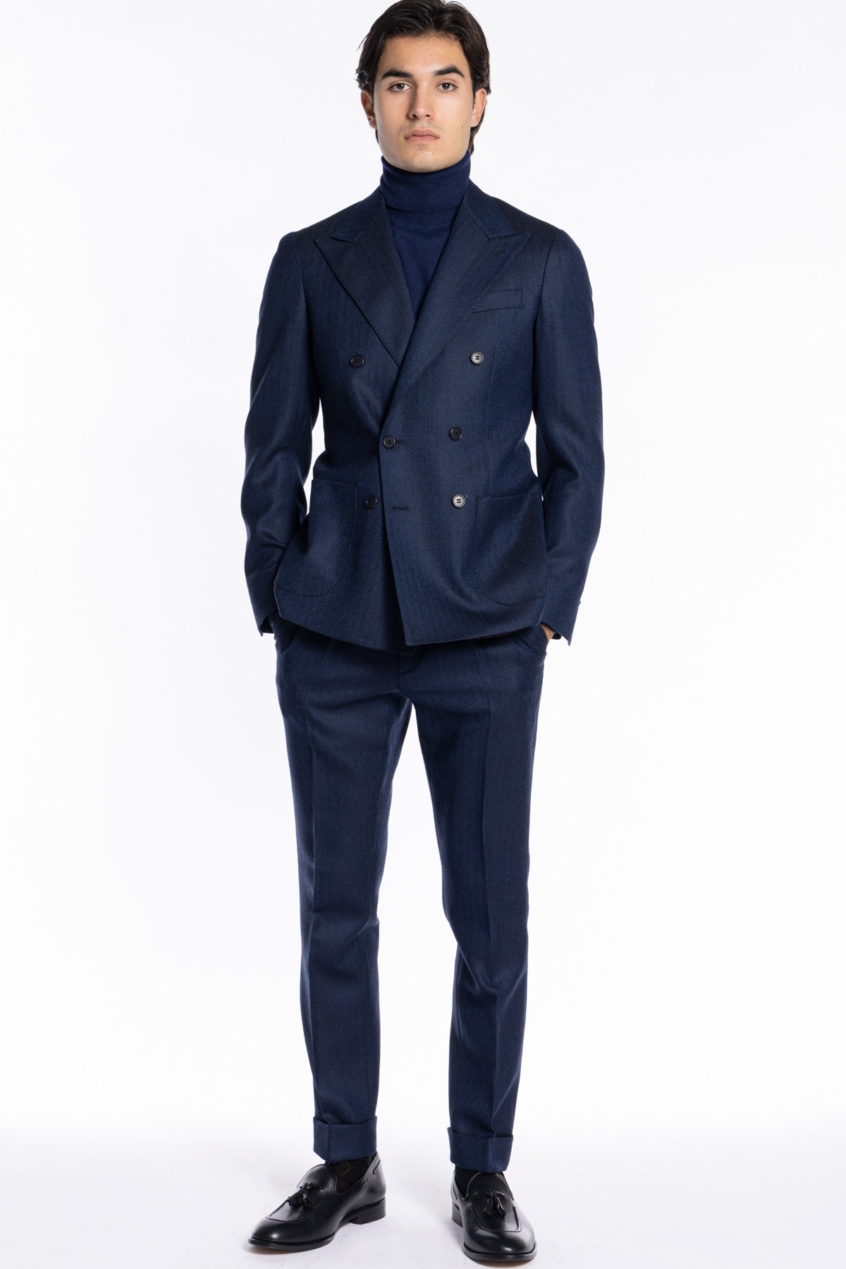 Giacca uomo Doppiopetto Blu spigata in lana flanella 100% Rever a lancia Bristol Tessuti Napoli