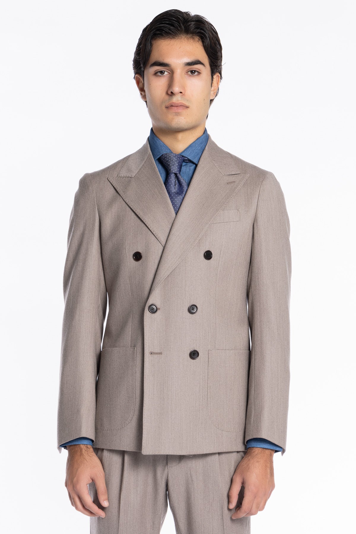 Abito uomo Doppiopetto Beige in lana e Cashmere Rever a lancia Bristol Tessuti Napoli