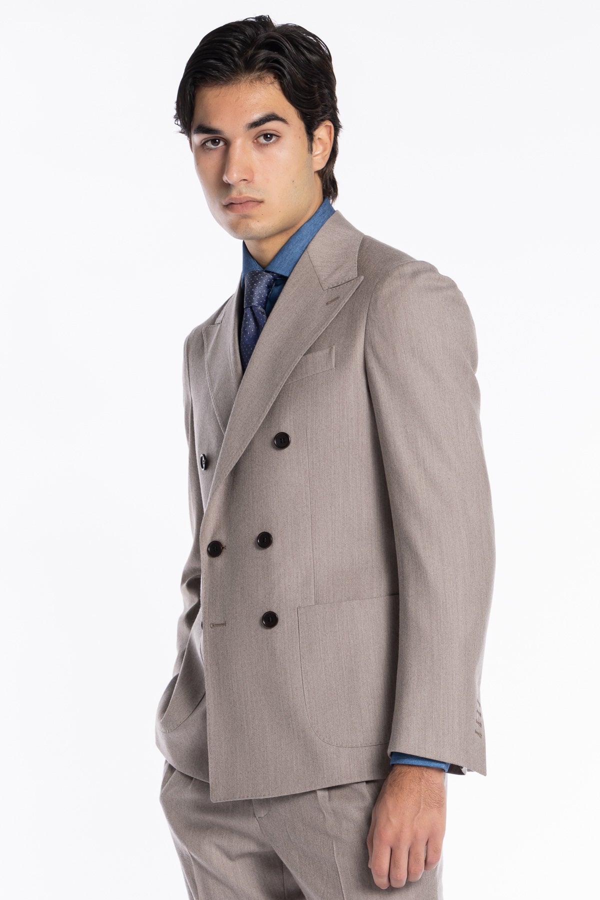 Giacca uomo Doppiopetto Beige in lana e Cashmere Rever a lancia Bristol Tessuti Napoli