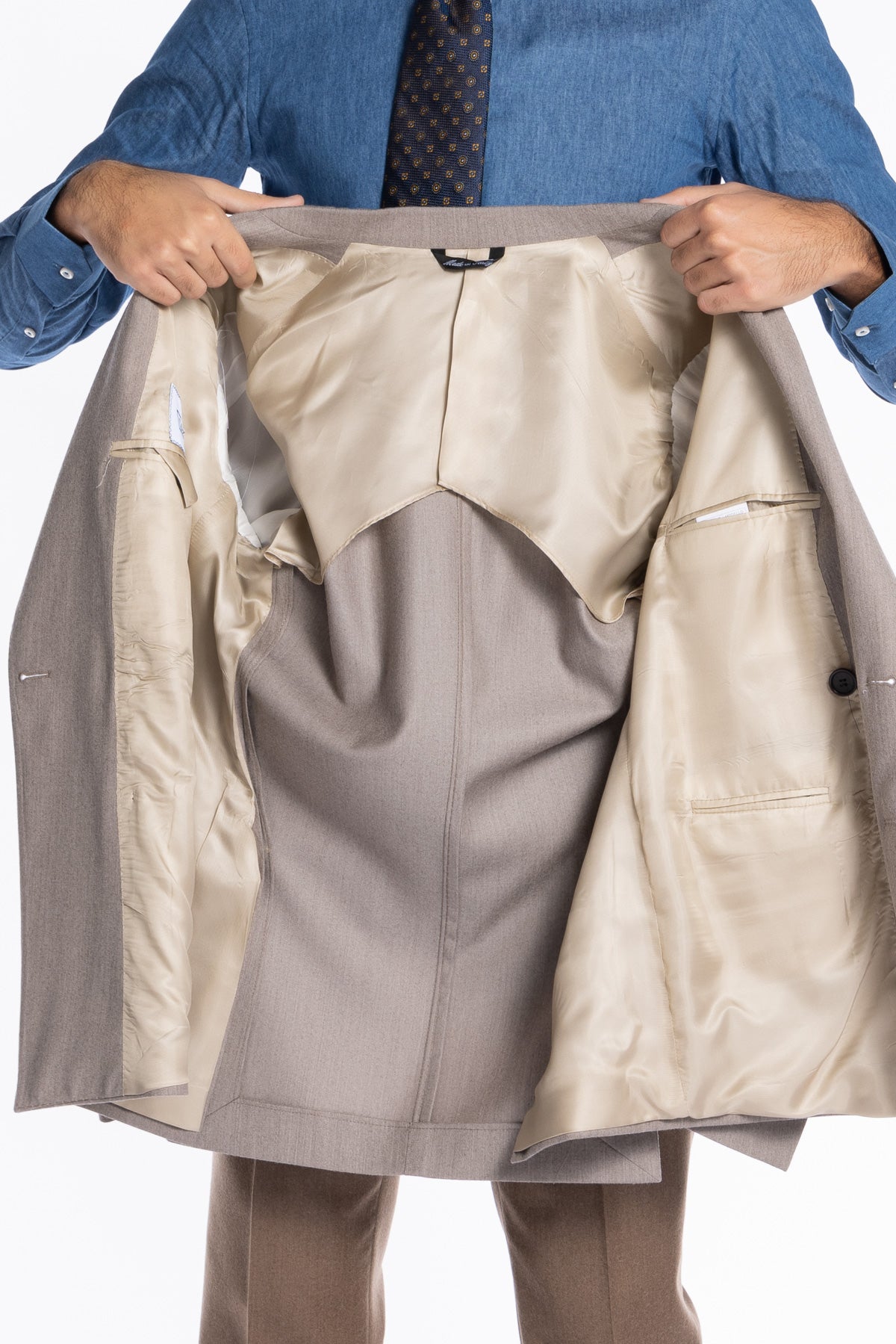 Abito uomo Doppiopetto Beige in lana e Cashmere Rever a lancia Bristol Tessuti Napoli
