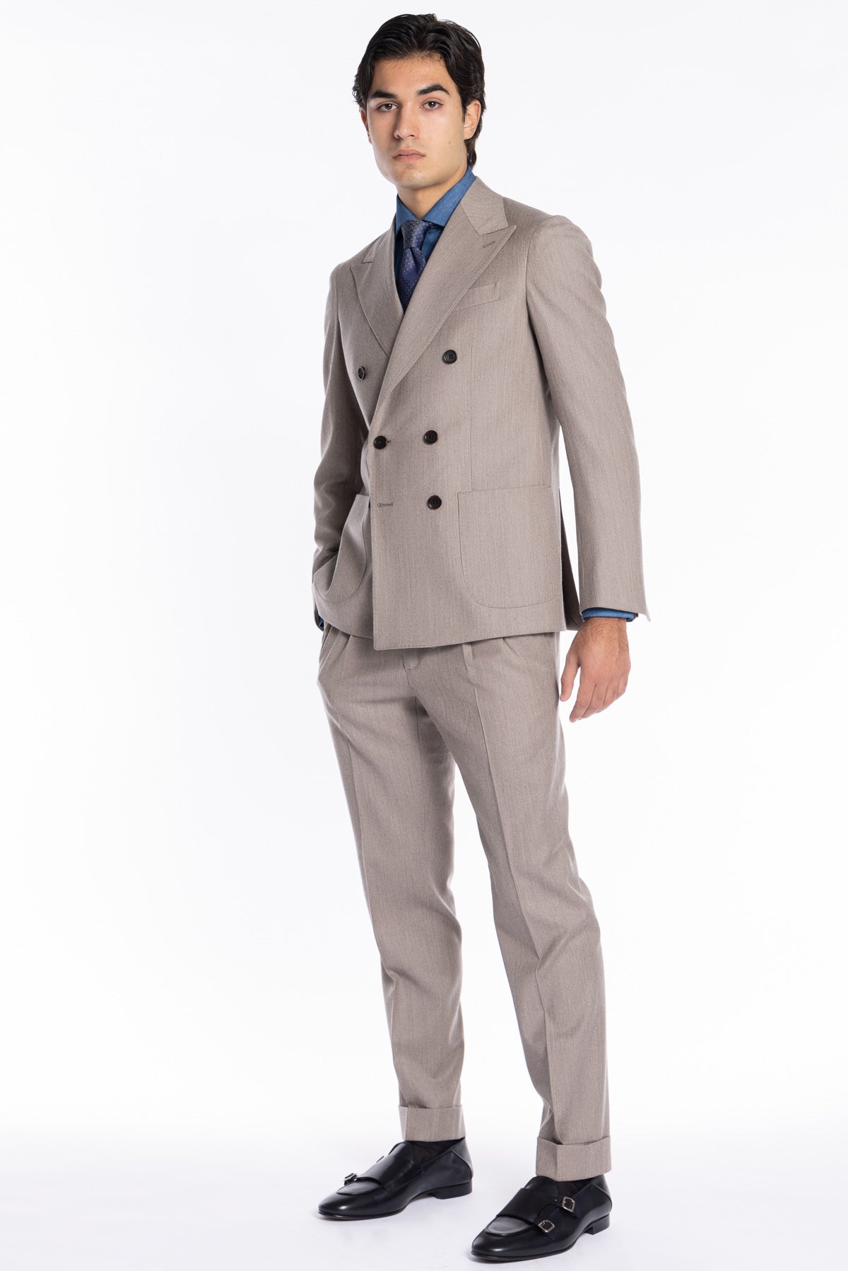 Giacca uomo Doppiopetto Beige in lana e Cashmere Rever a lancia Bristol Tessuti Napoli