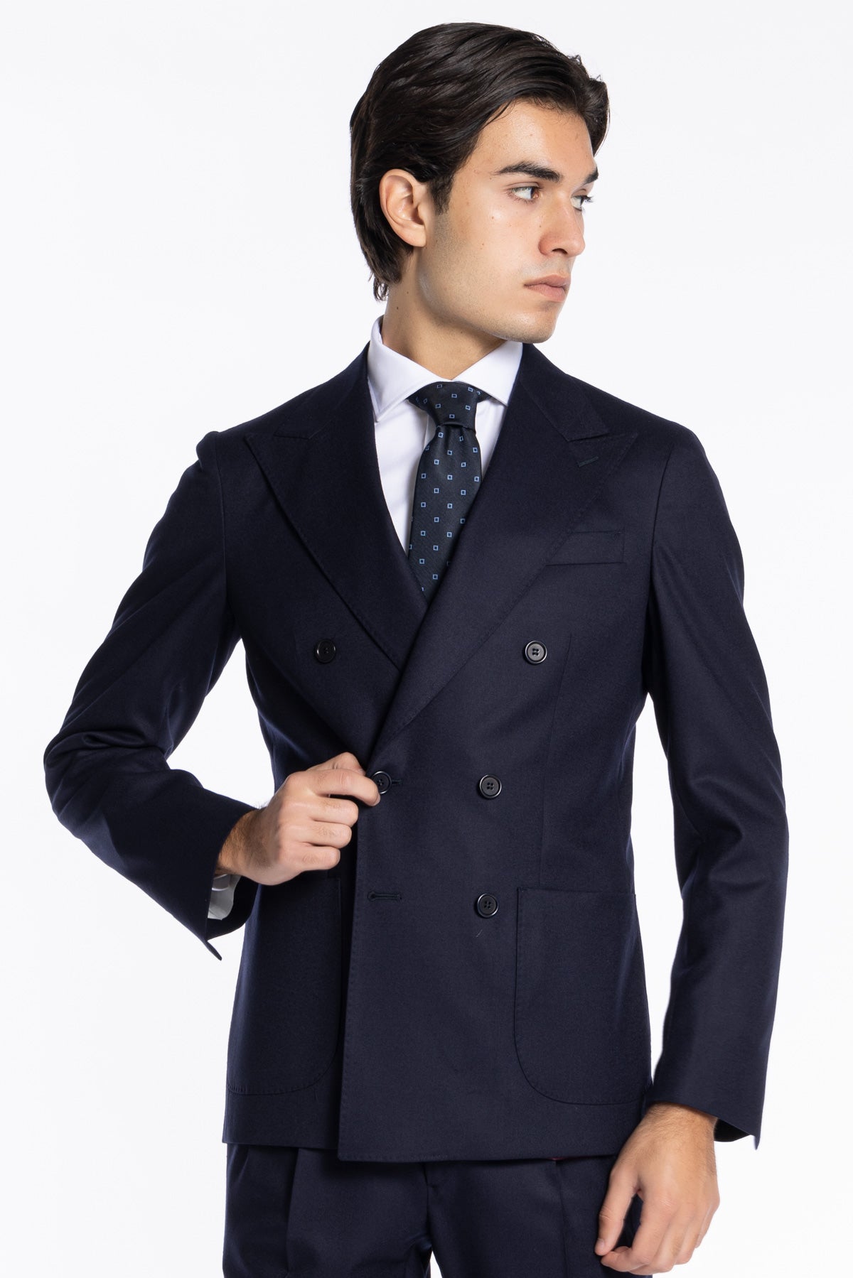 Giacca uomo Doppiopetto navy blu in lana Flanella Vitale Barberis Canonico slim fit rever largo sartoriale