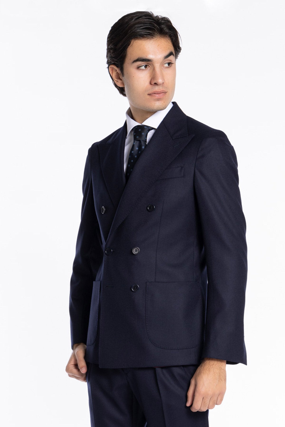 Giacca uomo Doppiopetto navy blu in lana Flanella Vitale Barberis Canonico slim fit rever largo sartoriale