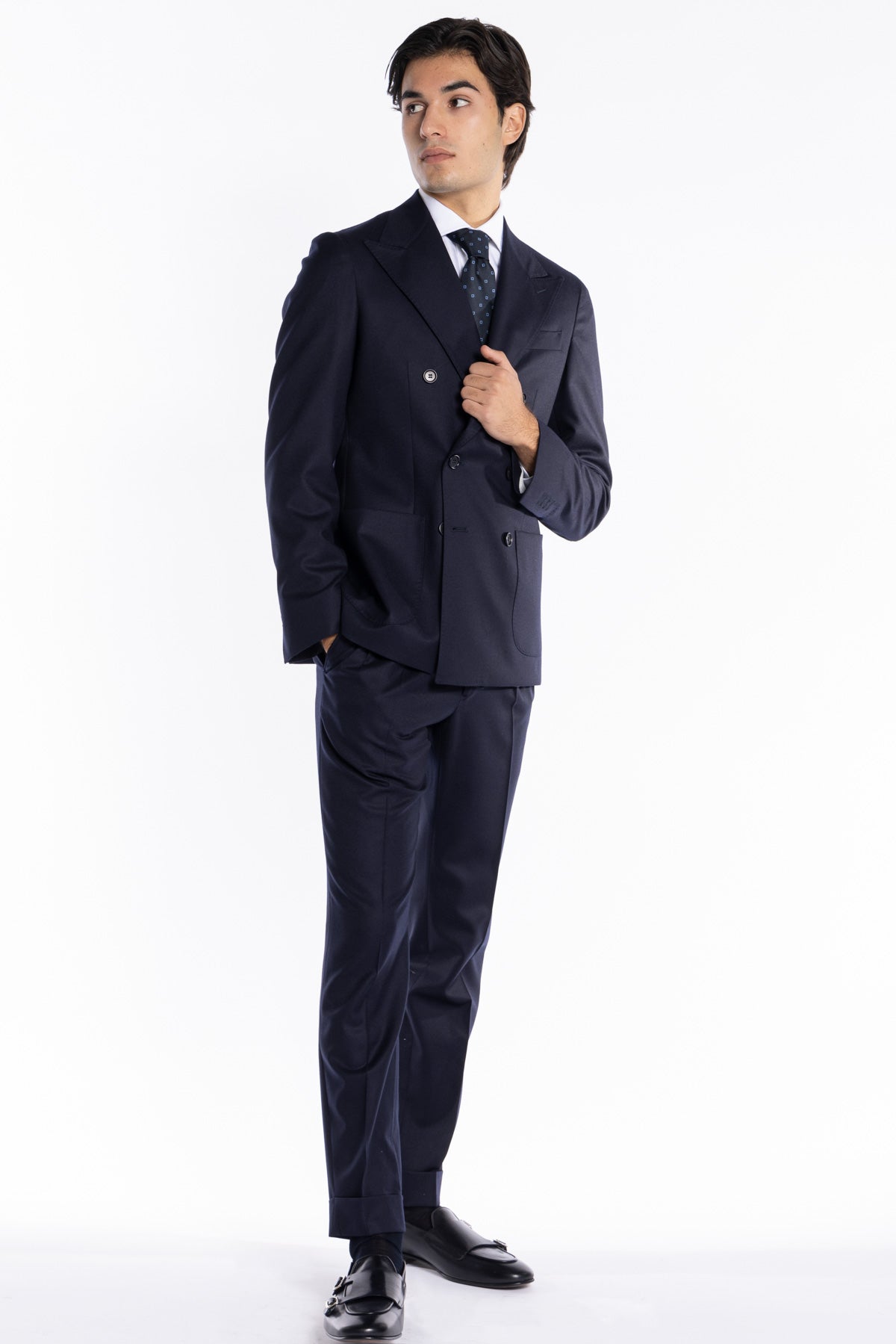 Giacca uomo Doppiopetto navy blu in lana Flanella Vitale Barberis Canonico slim fit rever largo sartoriale