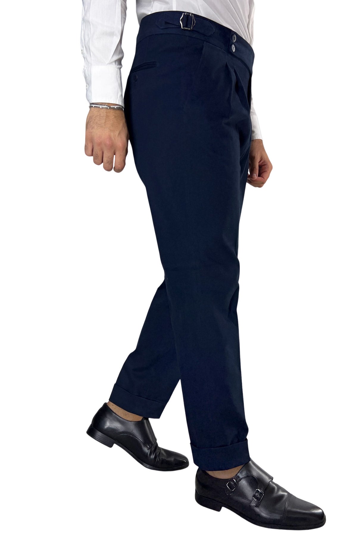 Pantalone uomo navy blu vita alta tasca america in cotone con doppia pinces e fibbie laterali