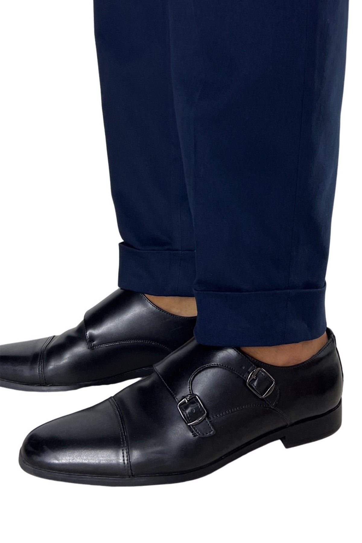 Pantalone uomo navy blu vita alta tasca america in cotone con doppia pinces e fibbie laterali
