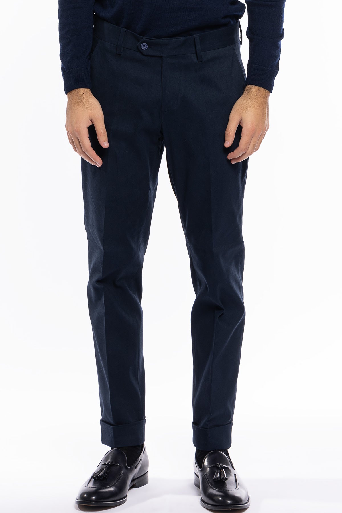Pantalone uomo navy blu tasca america in cotone slim fit con risvolto di 5cm