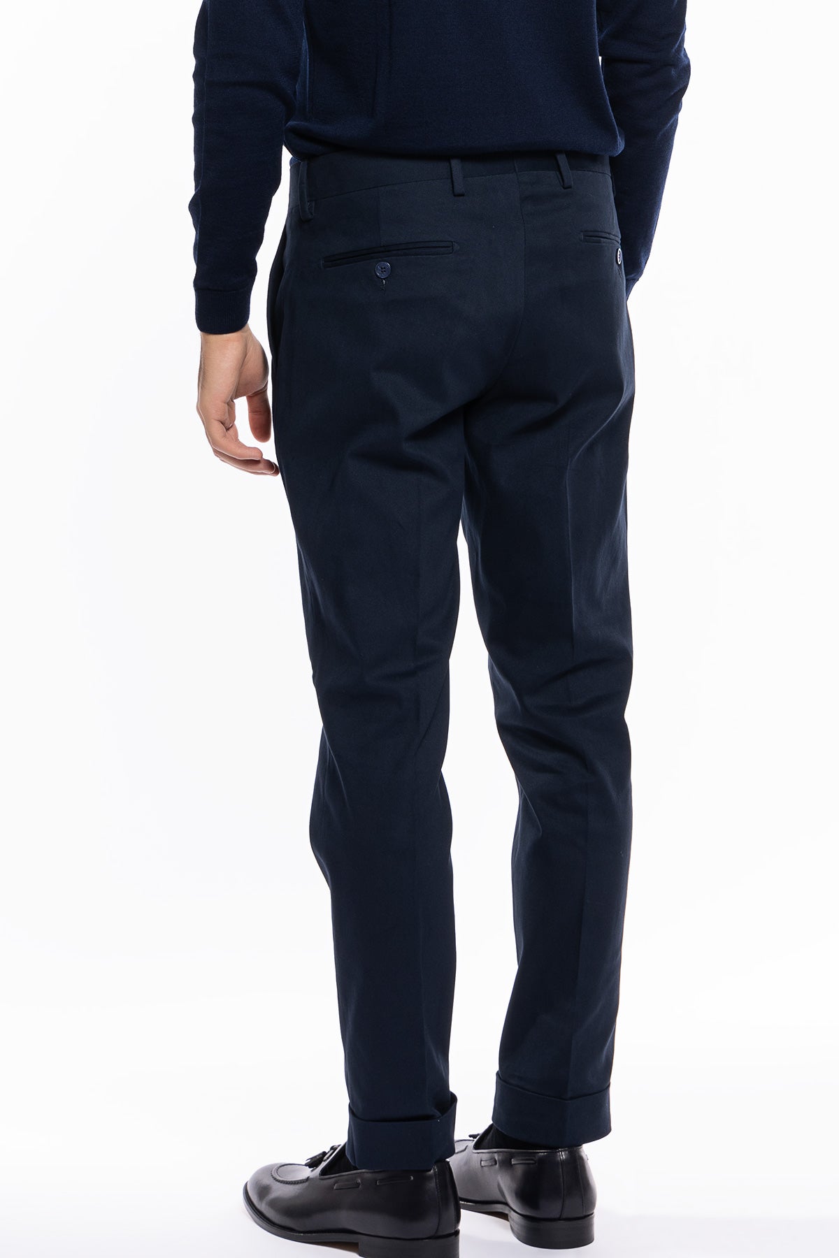 Pantalone uomo navy blu tasca america in cotone slim fit con risvolto di 5cm
