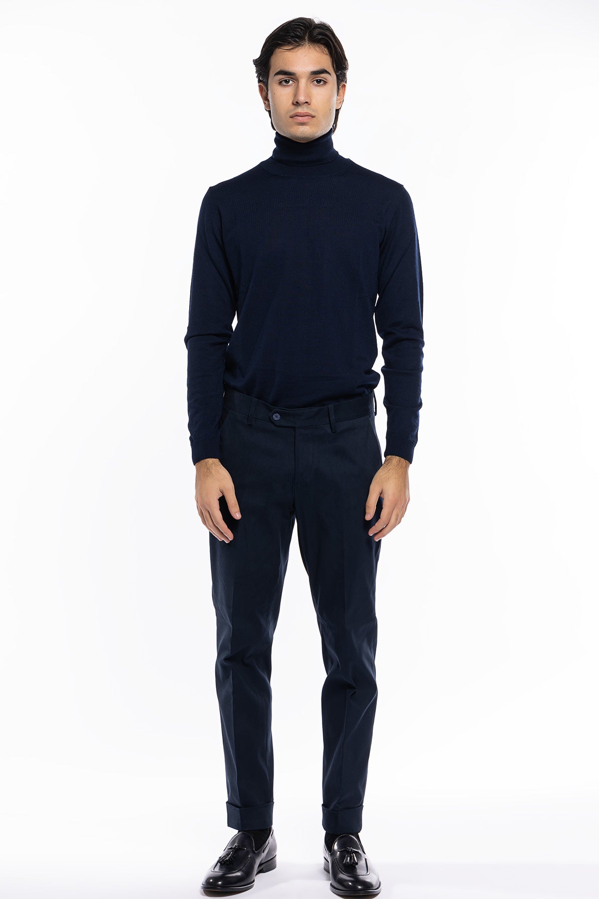 Pantalone uomo navy blu tasca america in cotone slim fit con risvolto di 5cm