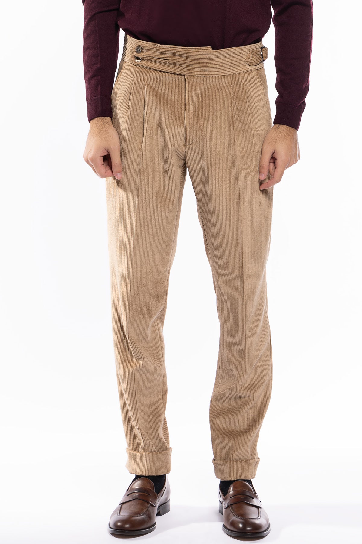 Pantalone uomo Beige vita alta biforcato doppia pinces in velluto a costine strette