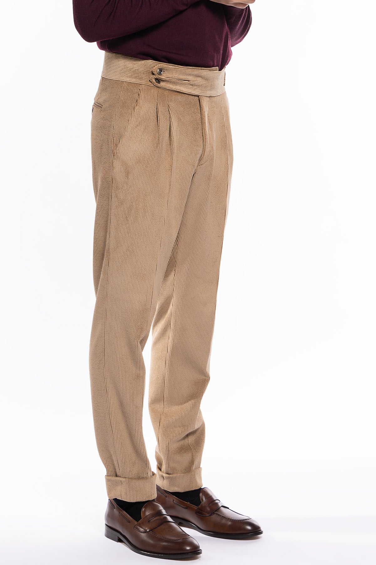 Pantalone uomo Beige vita alta biforcato doppia pinces in velluto a costine strette
