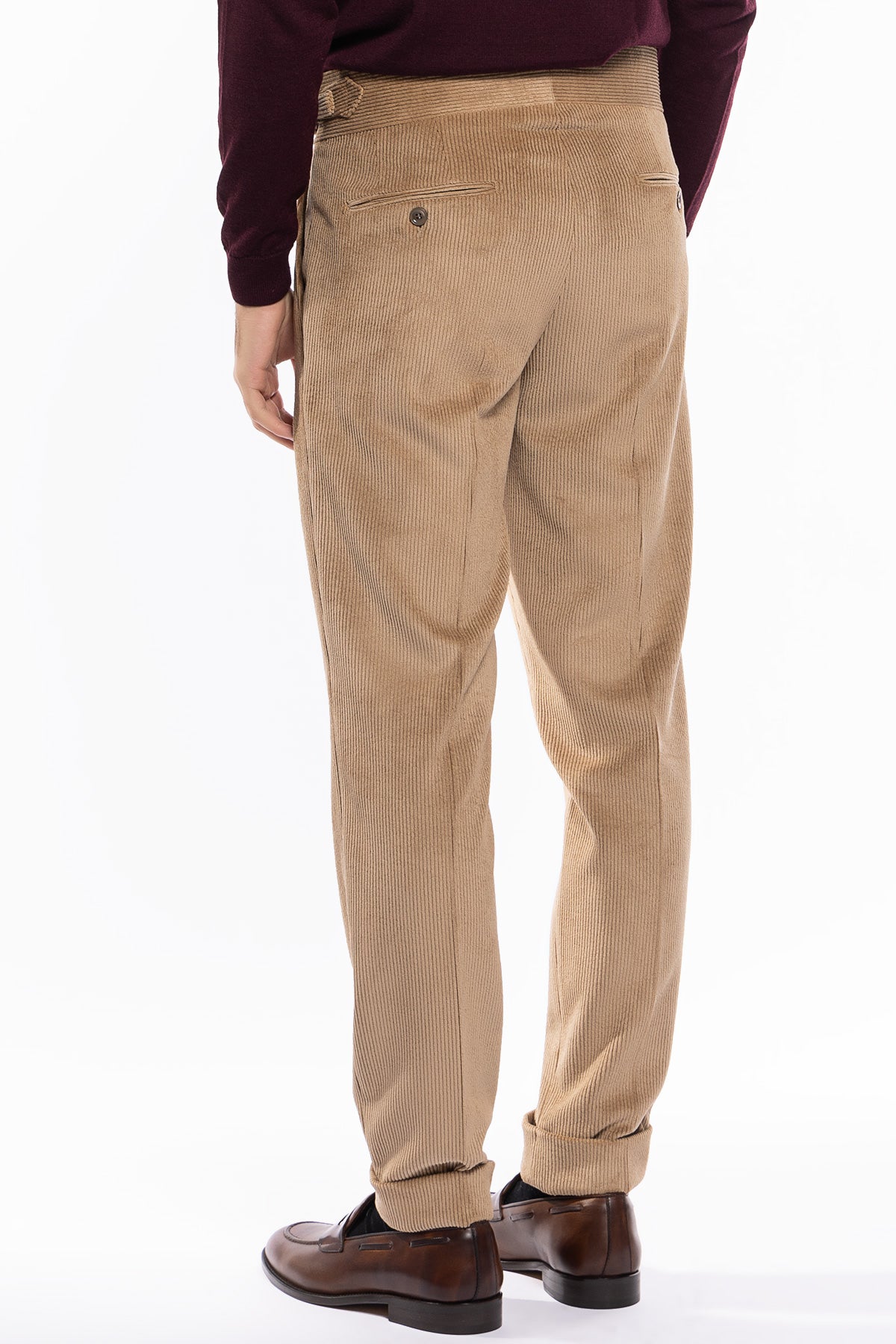 Pantalone uomo Beige vita alta biforcato doppia pinces in velluto a costine strette
