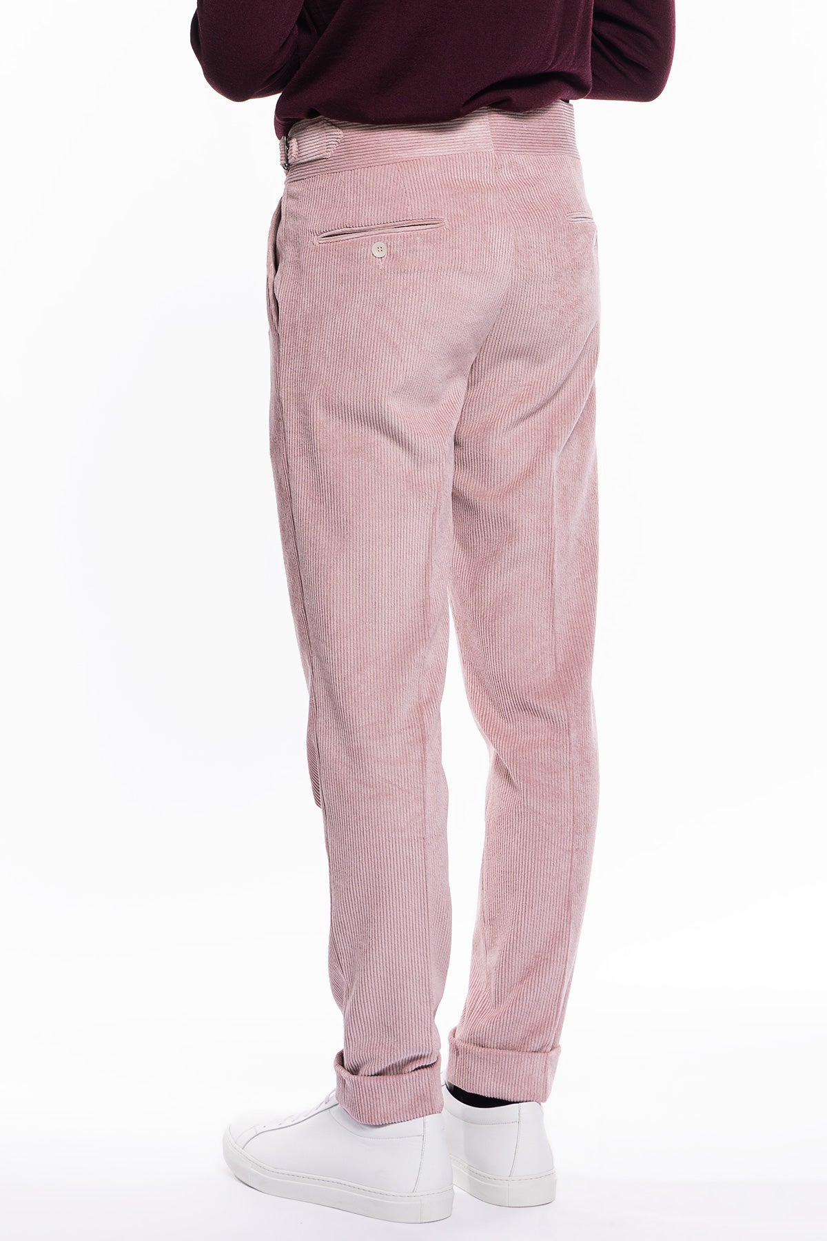 Pantalone uomo rosa vita alta biforcato doppia pinces in velluto a costine strette